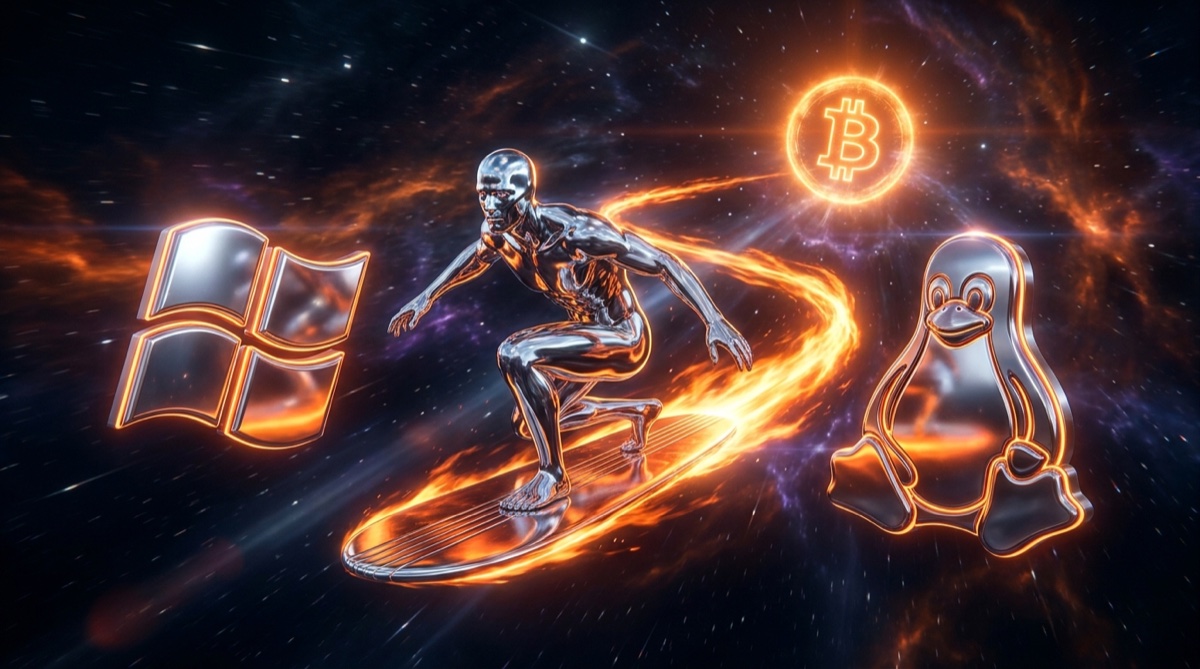 easyBTX rides to Windows and Linux: a chrome surfer trailing Bitcoin-orange energy between the Windows and Linux logos